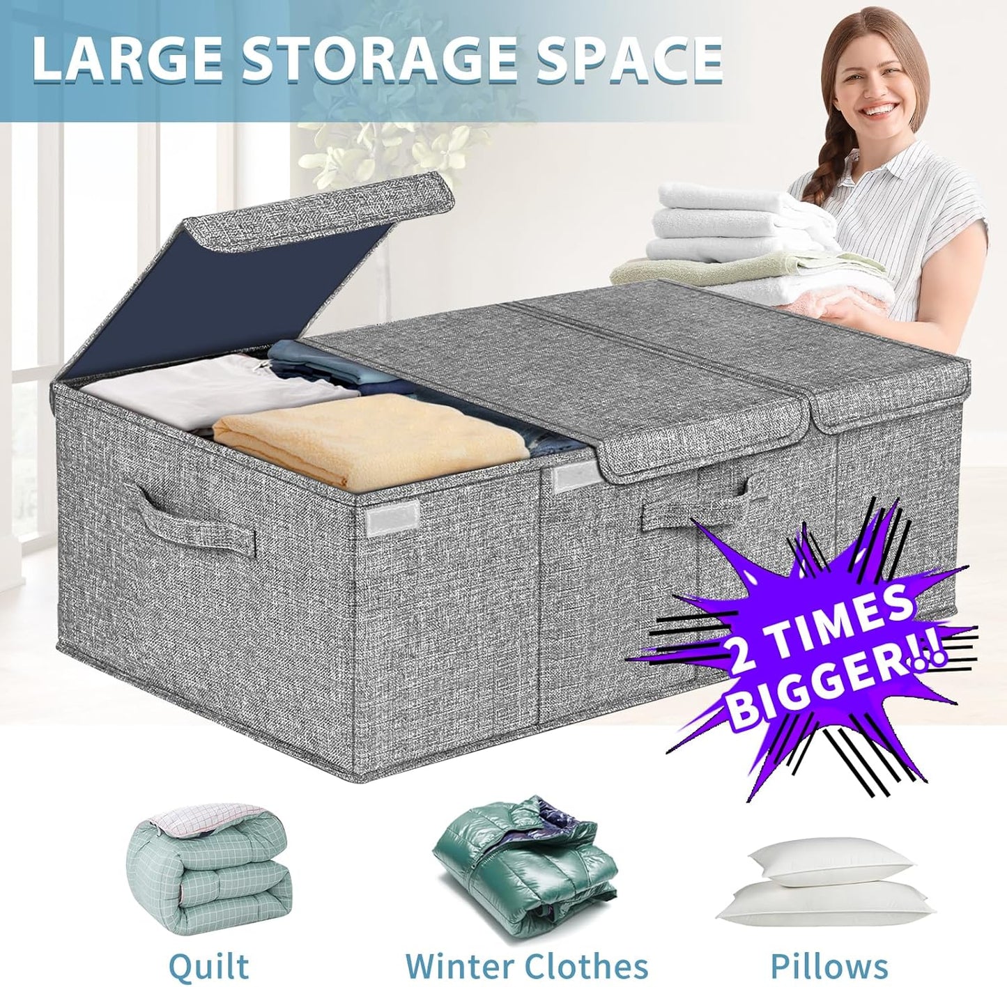 Deep Under Bed Storage Container, 10" Tall Height Underbed Box Bin with Lids, Large Basket for Bedroom, 2 Pack