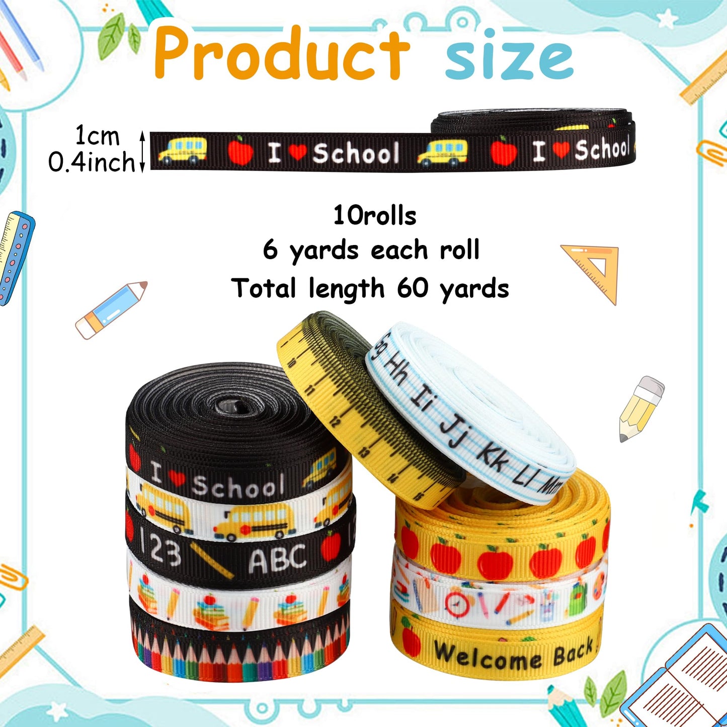 10 Rolls Back to School Grosgrain Ribbon 3/8 Inch Welcome School Ribbons School Bus Pencil Apple ABC Pattern Fabric Decorative Craft Ribbon for DIY Crafts Teacher Appreciation Gifts Wrapping, 60 Yards