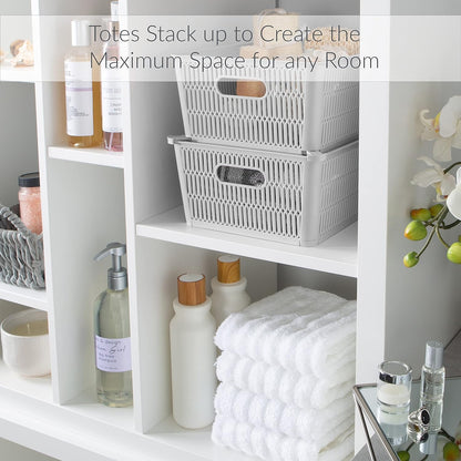 Simplify 2Pk Large Slide Stack It Tote Basket, Open Bins for Storage & Organization, Bathroom, Crafts, Office (Grey)