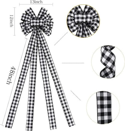 Christmas Checked Tree Topper - Large 48x13 Inch Black and White Plaid Decorative Bow