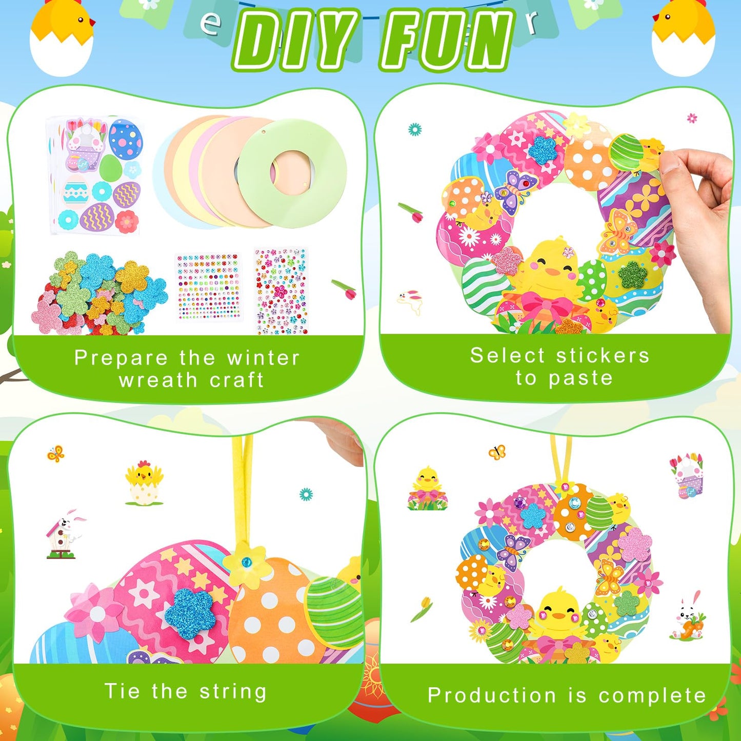 Hollowfly 48 Sets Easter Wreath Craft Kits DIY Wreath Hanging Ornaments Make Your Own Paper Craft with Stickers for Home Party Activities