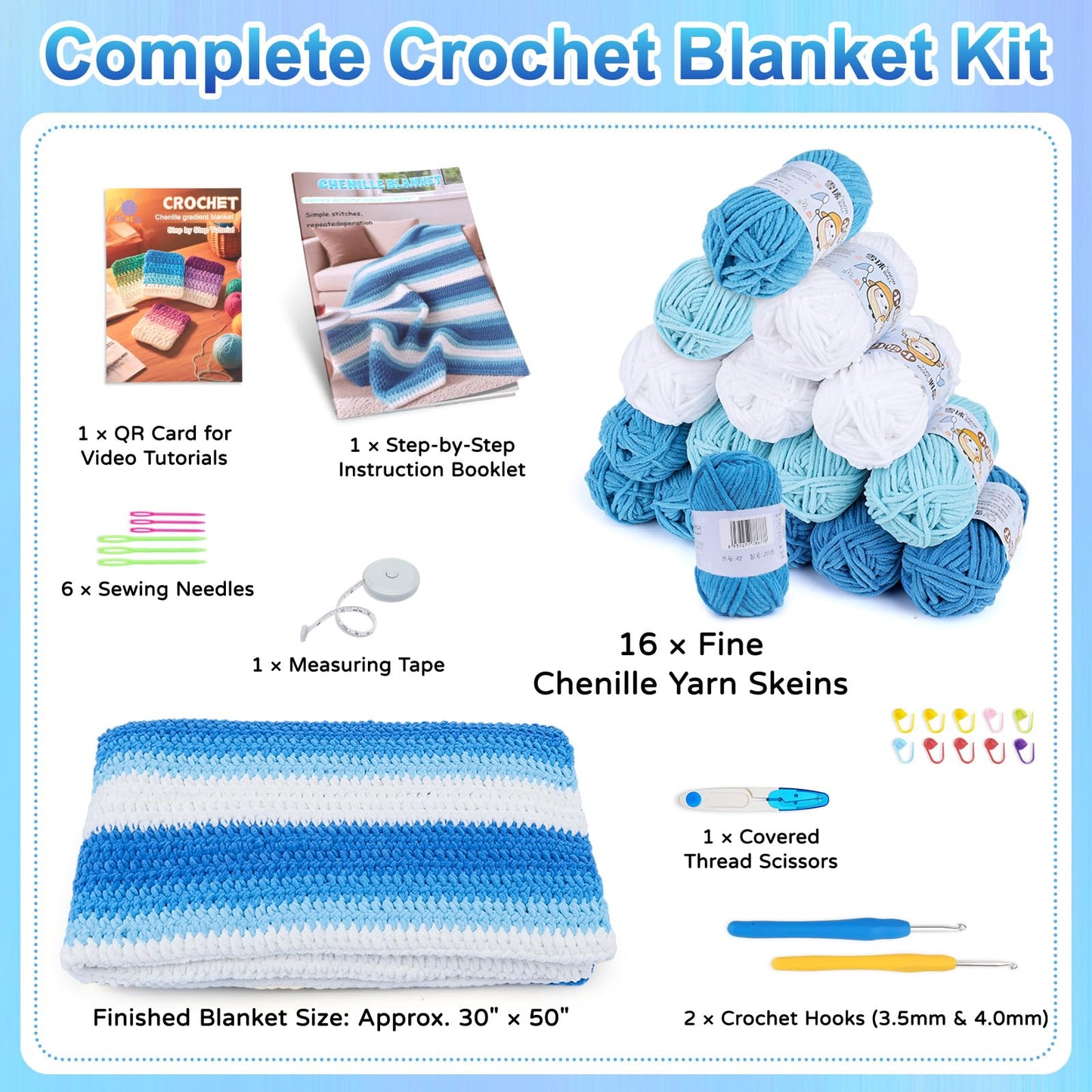 Reessy Crochet Blanket Kit for Beginners Adults – Gradient Blue Ombre Throw Blanket Kit with Soft Chenille Yarn, Hooks & Instructions – Handmade Crochet Starter Set for Adults