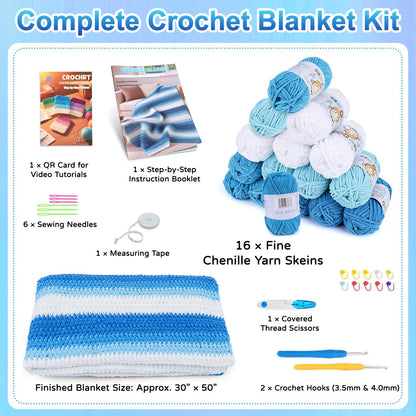 Reessy Crochet Blanket Kit for Beginners Adults – Gradient Blue Ombre Throw Blanket Kit with Soft Chenille Yarn, Hooks & Instructions – Handmade Crochet Starter Set for Adults