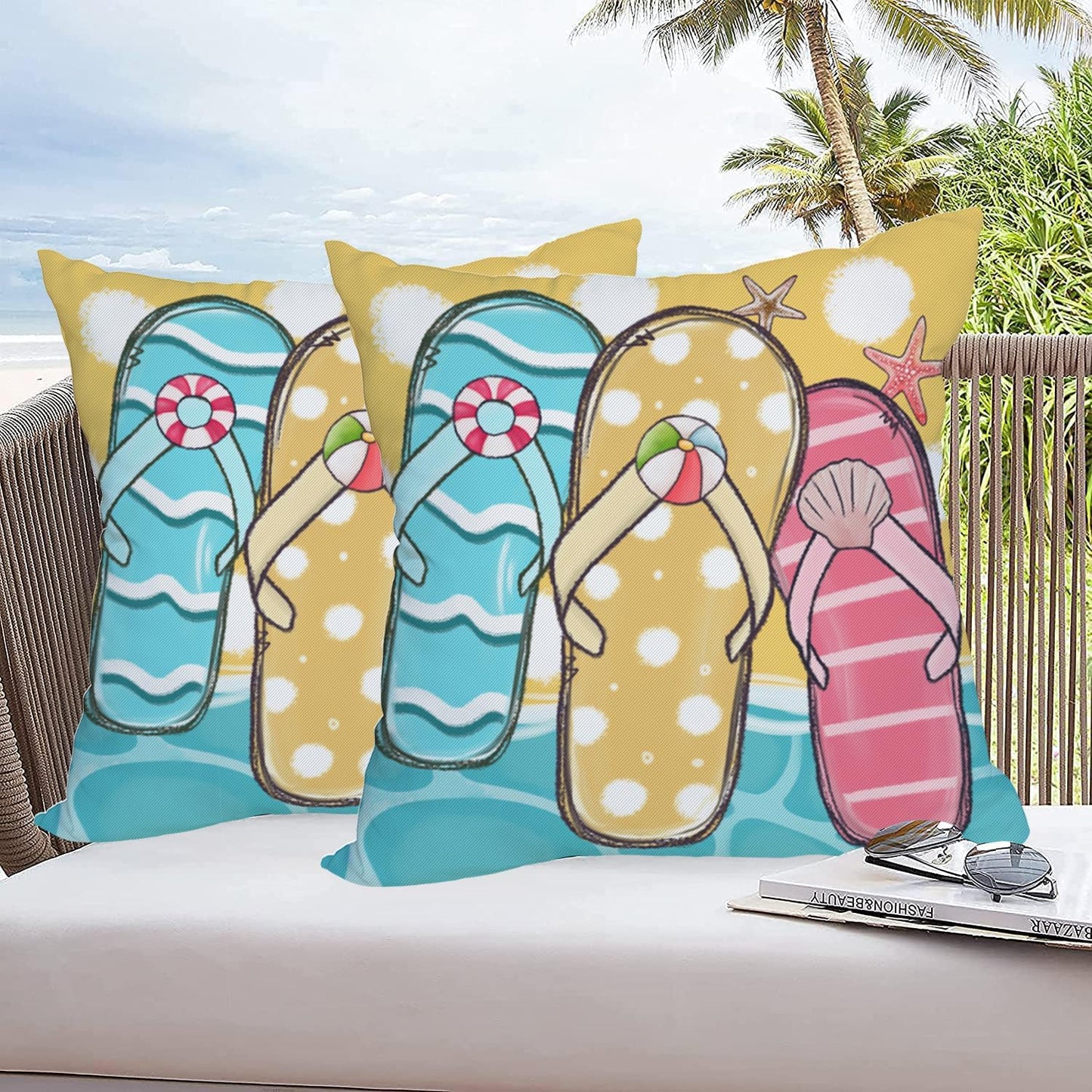 2 Pack Waterproof Summer Throw Pillow Covers 24x24 Inch, Blue Ocean Sea Sand Flip Flops Tropical Beach Decor