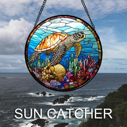 CRISGIF Stained Glass Window Hanging Blue Sea Ocean Coral Turtle Large 11.8" - Suncatcher Door Garden Sunroom Sun Catcher Home Decor Birthday Christmas for Mom Men Woman Nana