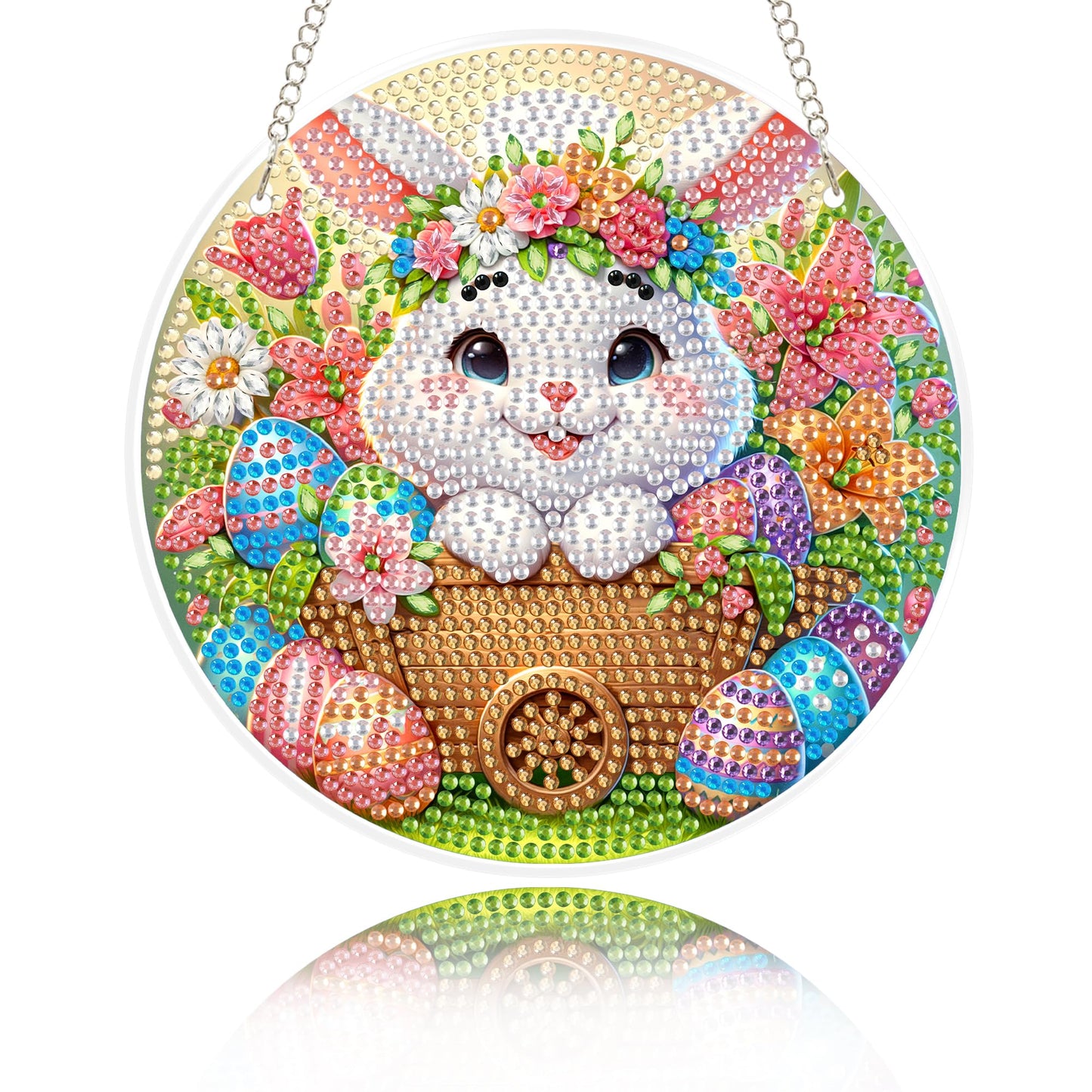 Eiflow Glass Diamond Art Kit Hanging Ornament, DIY Stained Glass Diamonds Painting Hanging Board Kit, Crystal Diamond Art Painting Pendant Full Drill (Easter Bunny)