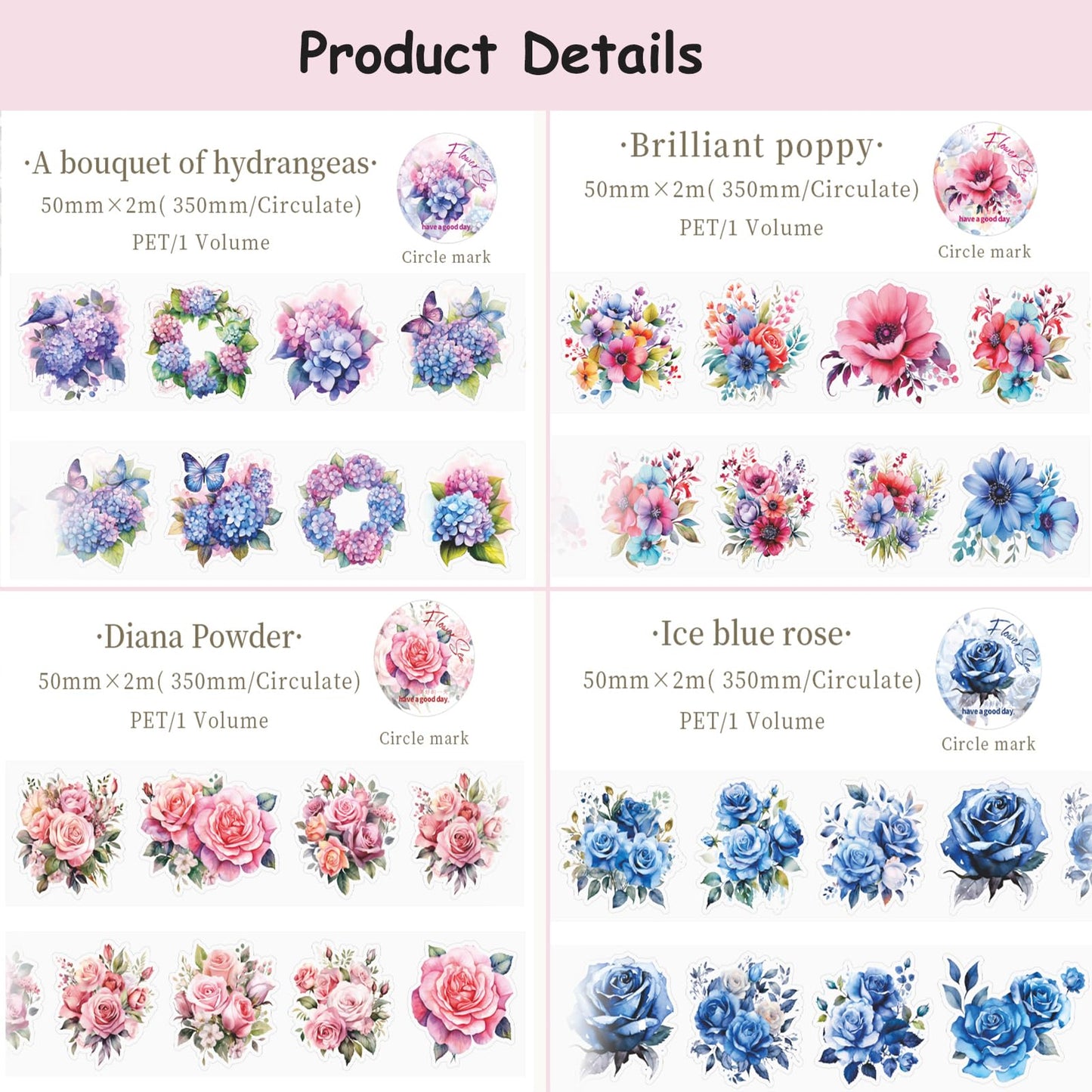 8Rolls Floral Washi Tape Set Flower PET Tapes Stickers for Crafts Journaling,Scrapbooking Supplies, Planner, Bullet Journals,Gift Wraping,Sunflower Rose Hydrangea Butterfly Decorative Masking Tape