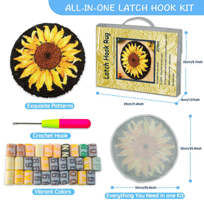 MIAOLLUN Latch Hook Rug Kit, Sunflower Pattern Printed Canvas DIY Rug Crochet Yarn Kits, Embroidery Decoration 20.4" X 20.4" (52 * 52cm)