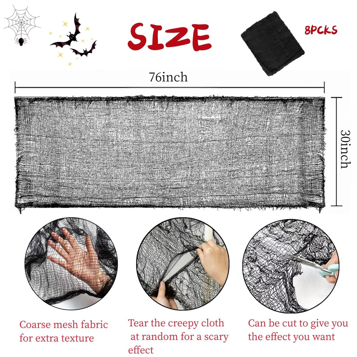 Sunlisky Halloween Creepy Cloth - 8 Pack Black - 76x30 Inch Cotton Gauze Fabric - DIY Spooky Decor for Haunted House,Spider Web,Ghost - Indoor Outdoor Halloween Party Decorations