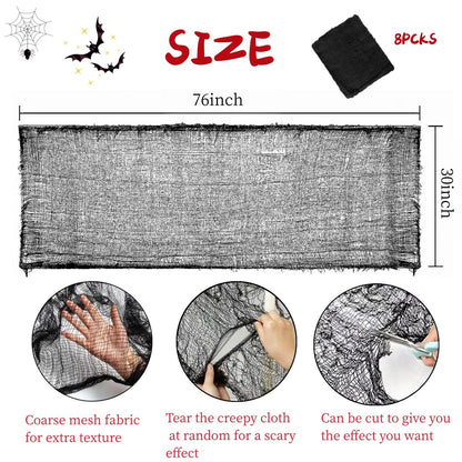 Sunlisky Halloween Creepy Cloth - 8 Pack Black - 76x30 Inch Cotton Gauze Fabric - DIY Spooky Decor for Haunted House,Spider Web,Ghost - Indoor Outdoor Halloween Party Decorations