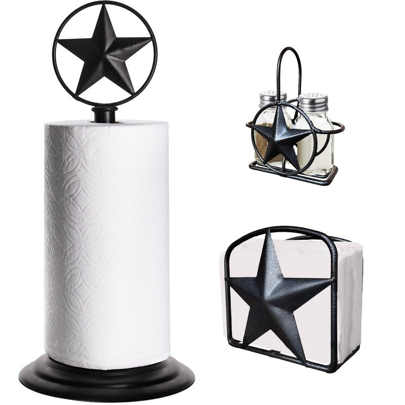 Black Rustic Texas Star Paper Towel Holder, Napkin Holder, Salt and Pepper Shakers Holder, Country Farmhouse Iron Kitchen Counter Accessory Set Holders (Paper Towel, Napkin, S&P Holder (3 Piece Set))