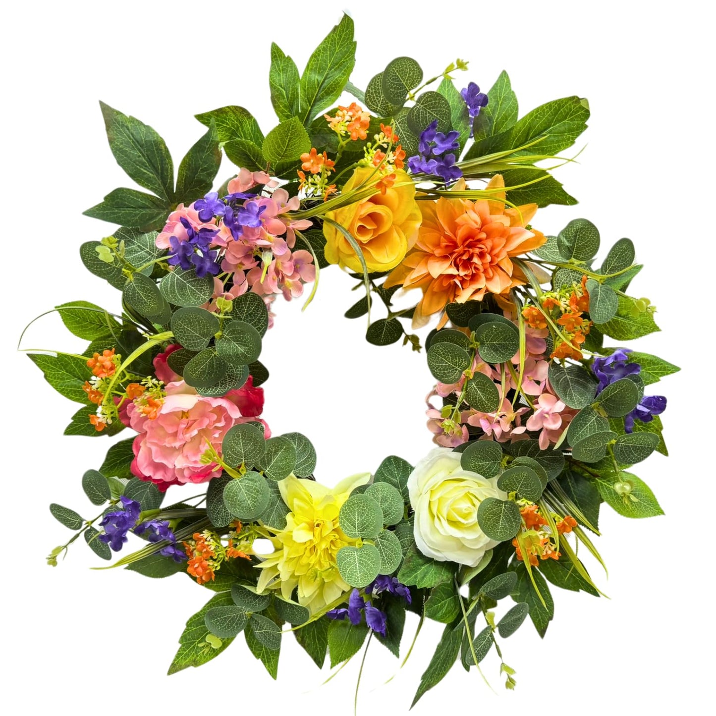 Svndlyn 22 Inch Lighted Spring Summer Floral Wreath with Faux Flowers