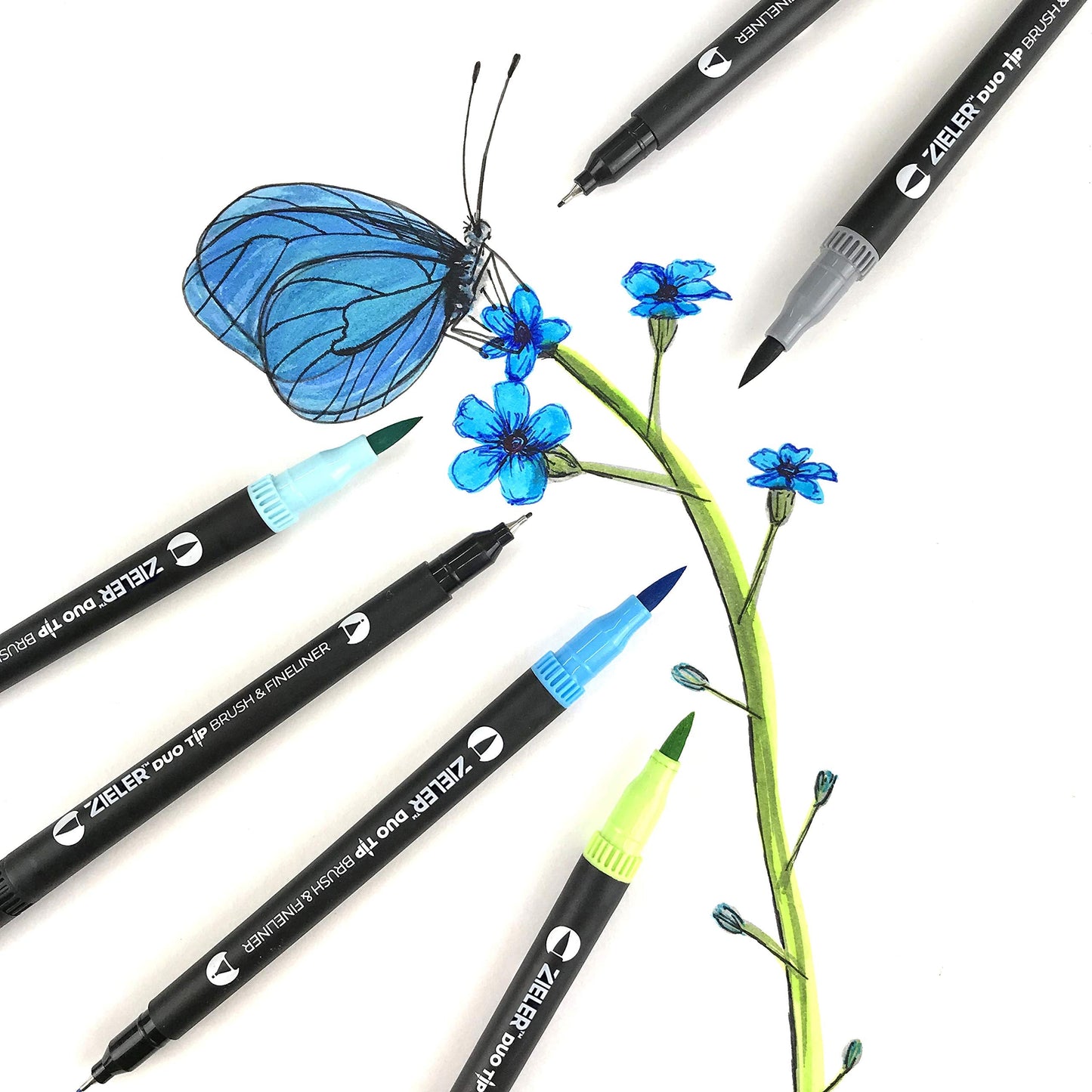 Zieler Fineliner Pens & Watercolour Brush Pens (Duo Tip, Set of 24) Ideal for Colouring, Drawing & Hand Lettering - 48 nibs - Vibrant Colours - Washable, Water-Based Ink
