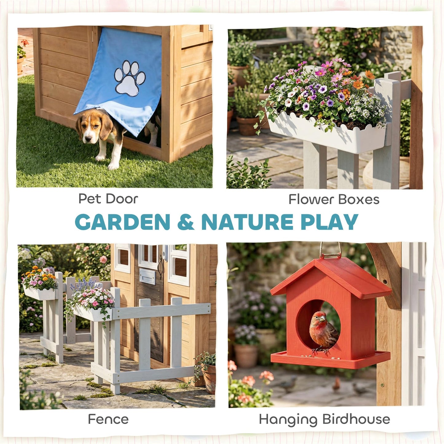 Qaba Outdoor Playhouse with Pet Door, Wooden Kids Playhouse with Play Kitchen, Mailbox, Doorbell, Birdhouse, Fence and Windows for Garden, Backyard, Indoor Playroom Pretend Play, Ages 2+, Brown