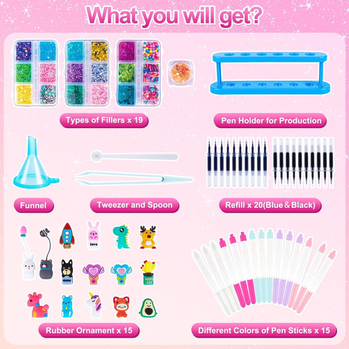 Subao 55+ DIY Glitter Gel Pens Making Kit,Pen Creator Studio,Make Your Own 15 Sparkly Cute Pens,Creative Arts and Crafts for Kids Ages 5 6 7 8,Birthday Christmas Gifts for Girls 9 10 11 12 Years Old
