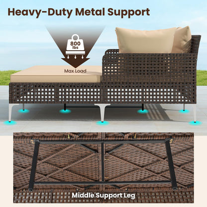 Tangkula Outdoor Rattan Double Daybed, Boho Wicker Chaise Lounge for 2 with Seat & Back Cushions, Outdoor Sunbed Loveseat with Metal Support for Backyard, Poolside & Deck (Brown)