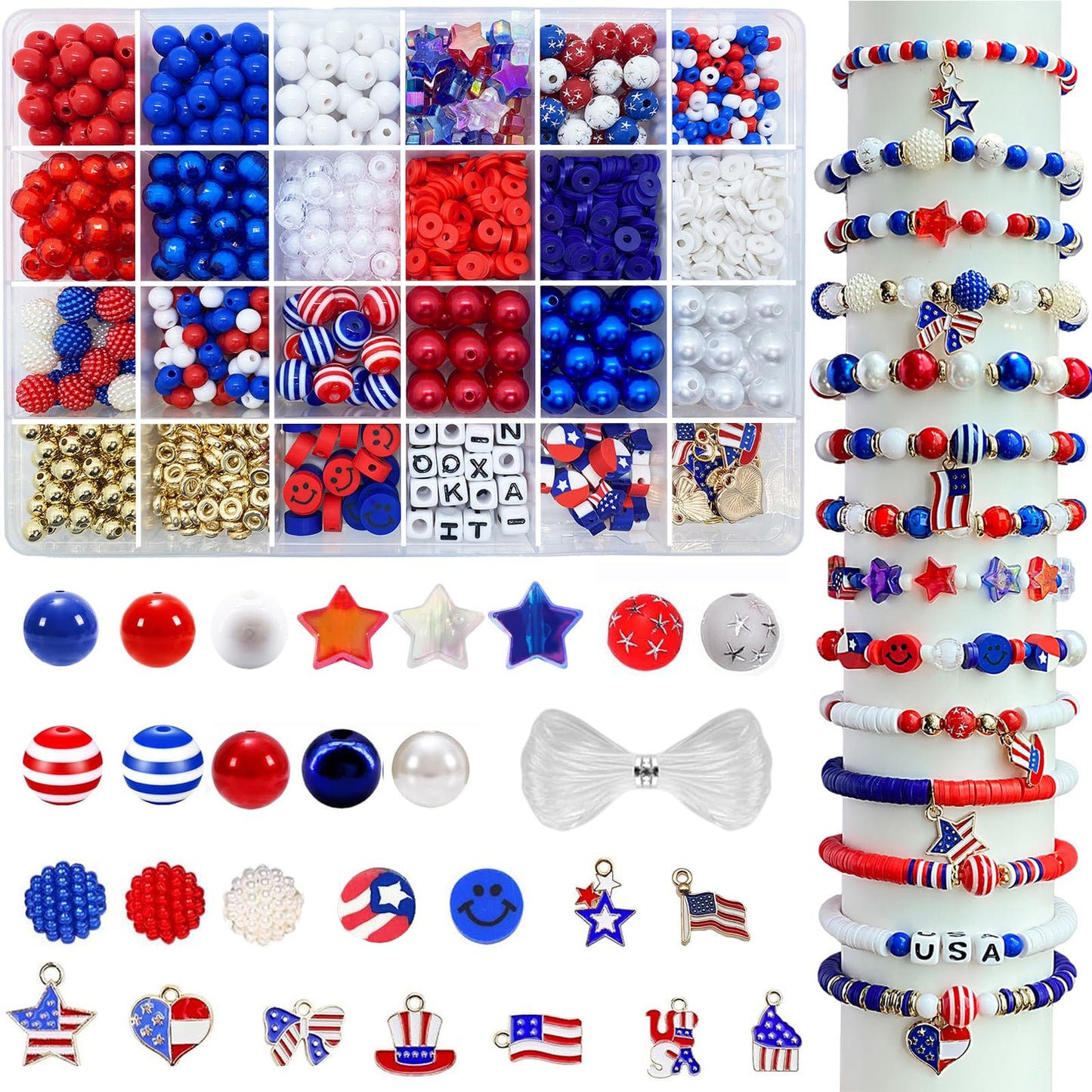 1461Pcs Red White Blue Beads for Bracelet Making Kit 4th of July Patriotic Beads for Jewelry Making Independence Day Clay Stars Acrylic Pearl Letter Bead with America Flag Heart Hat Pendant Charms