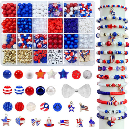 1461Pcs Red White Blue Beads for Bracelet Making Kit 4th of July Patriotic Beads for Jewelry Making Independence Day Clay Stars Acrylic Pearl Letter Bead with America Flag Heart Hat Pendant Charms