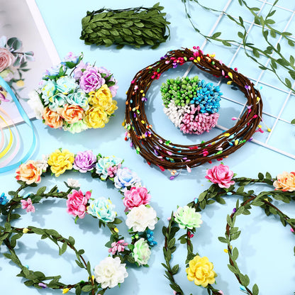 Zeyune 20 Sets Summer Tea Party Favor Flower Crowns Making Kit, Make Your Own Flower Crown Wreath Garland Headbands Craft Kit Handmade DIY Fairy Floral Hair Accessories Gift for Women(Blooming Rose)