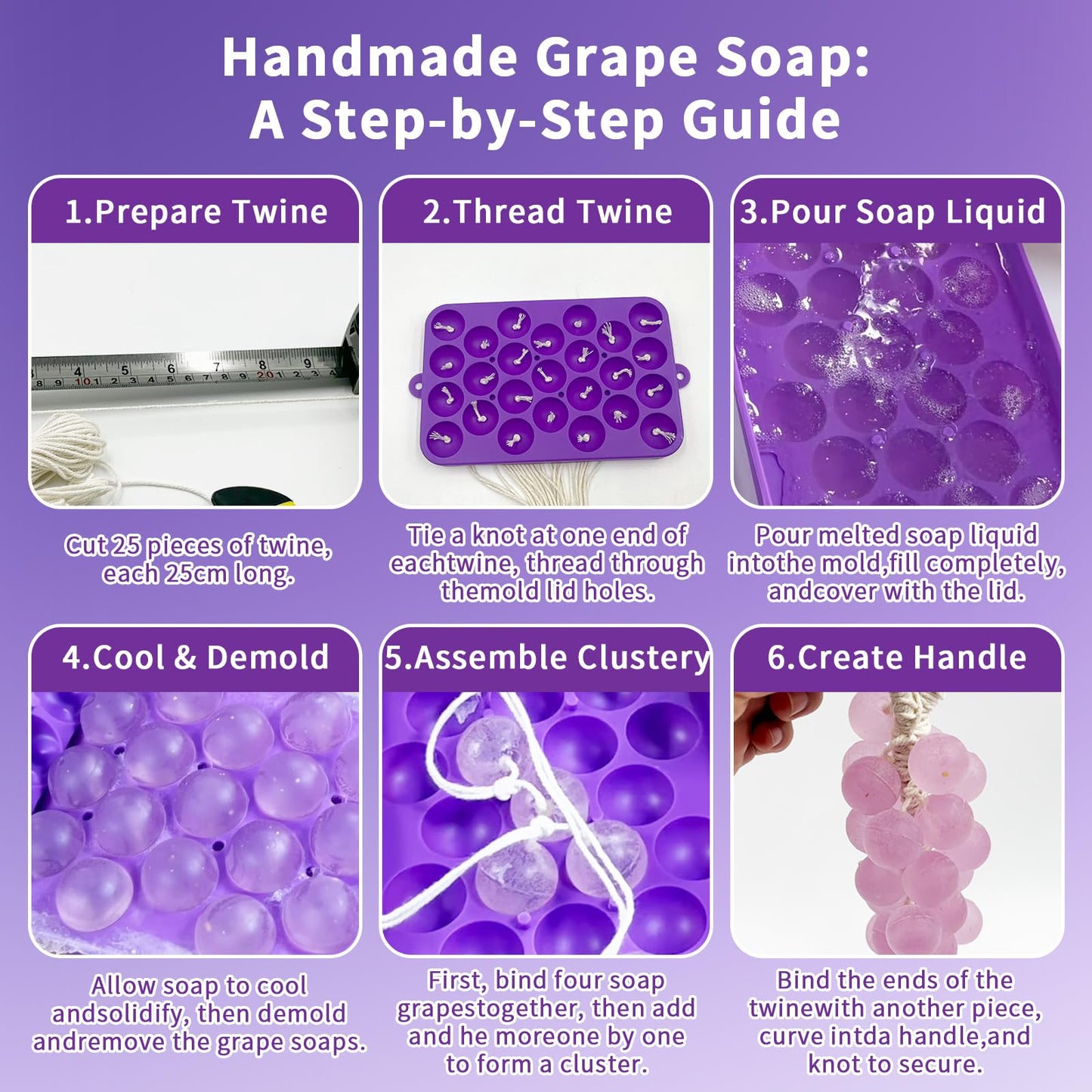 DIY Soap Making Kit, Silicone Grape Soap Mold with Cotton Rope, Dried Flowers & Tweezers, Exquisite Mold for Handmade Grape Soap Making Gift & Home Decor