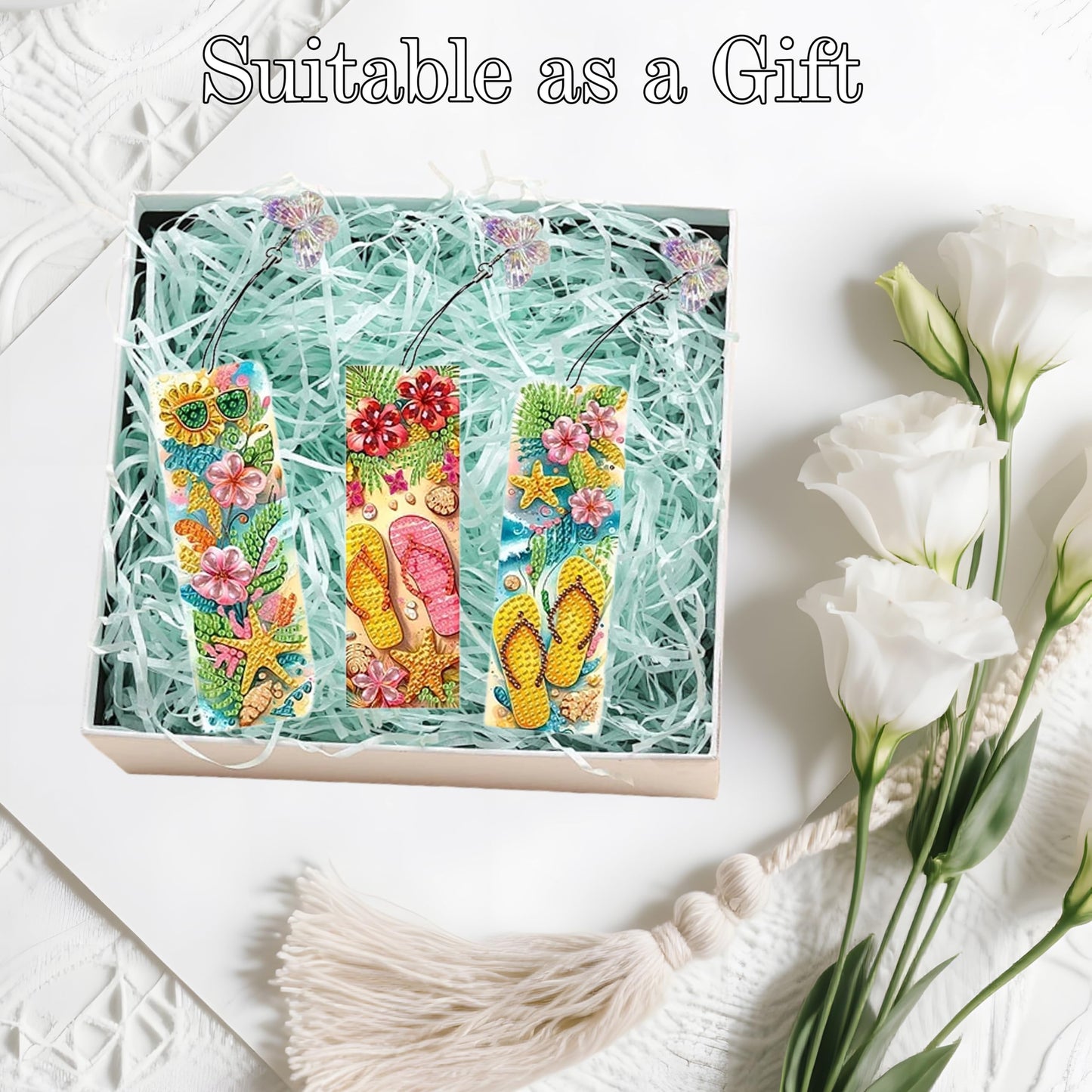 12 Pcs Diamonds Painting Bookmarks Diamond Art Kits for Adults DIY Full Round Gem Crystal Art Bookmarks with Pendant Home Office Supplies for Reading Lovers