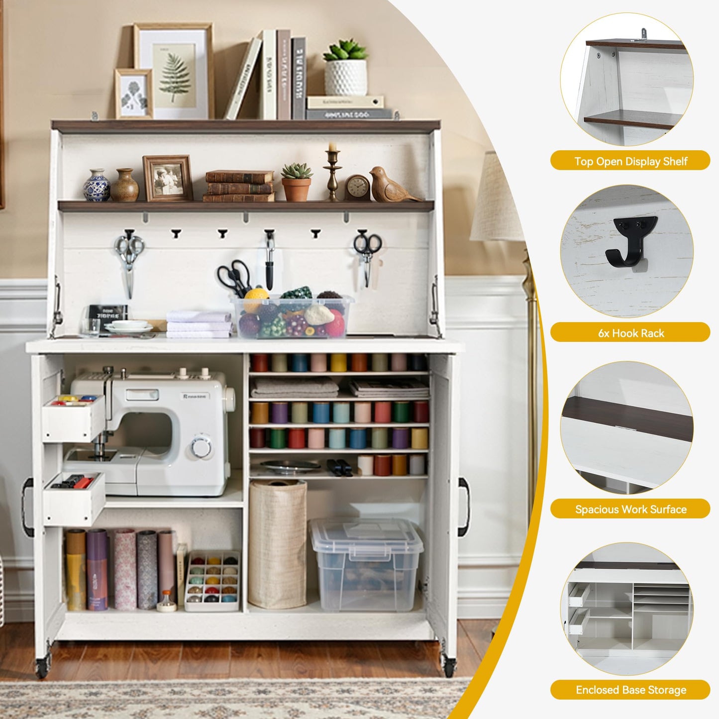 DWVO Folding Sewing Table with Charging Station & Storage, Multi-Function Craft Desk with Lockable Wheels, Magnetic Doors & Hidden Storage