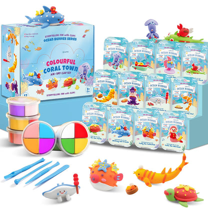 Ocean Buddies Air Dry Clay Kit for Kids - 12 Marine Animal Models with 4 Colors & Sculpting Tools, Ultra Light & Soft Modeling Clay Set, Non-Toxic DIY Arts and Crafts Gift for Boys & Girls Ages 3+