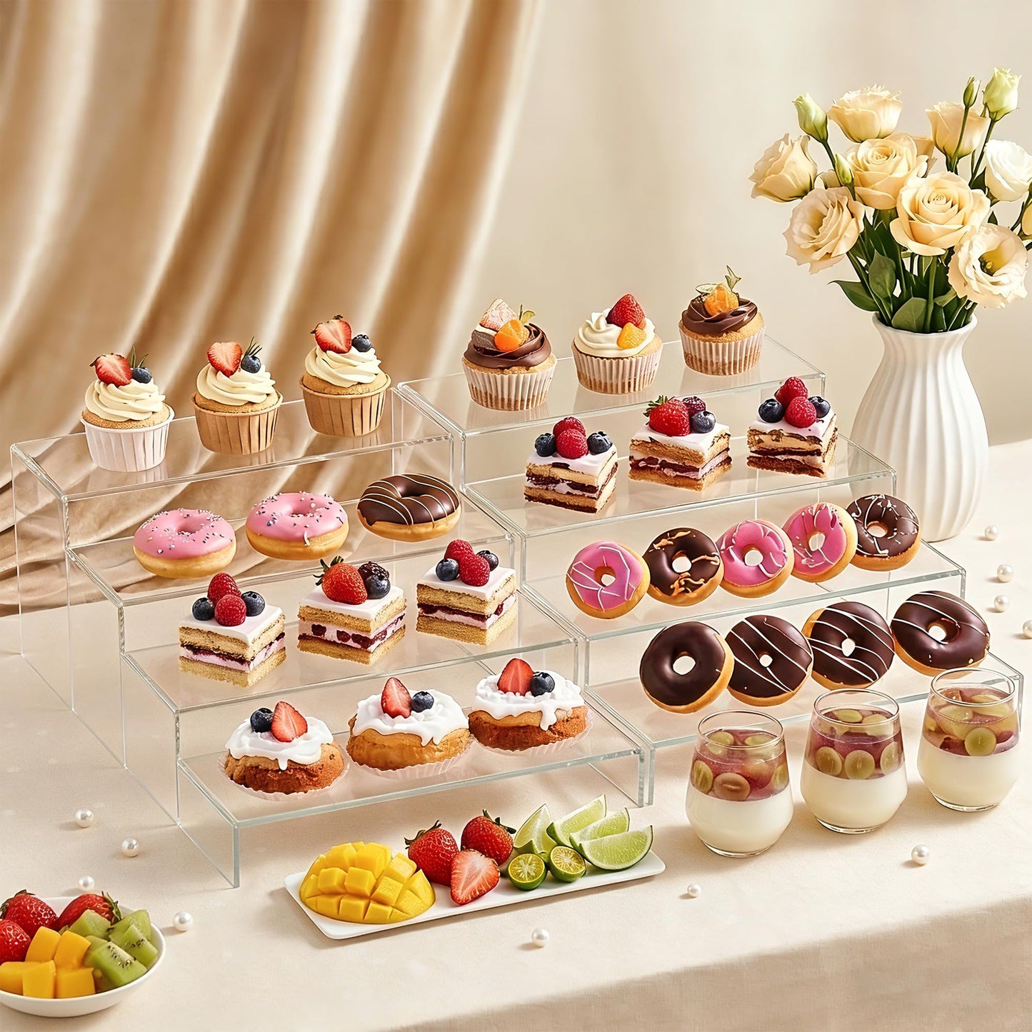 ZXQIRAX Acrylic Display Risers 8 Pcs - Clear Acrylic Shelves & Display Stand, Rectangular Risers for Cupcake, Retail & Desktop, 4 Sizes (7", 8", 9")
