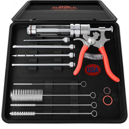 SpitJack Meat Injector Gun for Brisket, Turkey & BBQ - Made in USA Professional Heavy Duty Marinade Injector with 4 Stainless Steel Needles, 50ml Capacity, Repairable Competition BBQ Tool