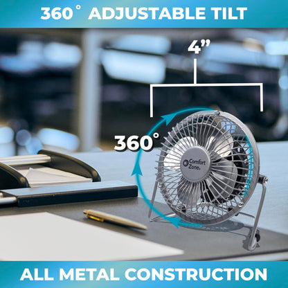 Comfort Zone 4-inch All-Metal Desk Fan with USB or Power Cord, Single Speed, 360 Degree Adjustable Tilt, Compact & Durable Mini Electric Fan for Home, Office or Travel Use, Silver