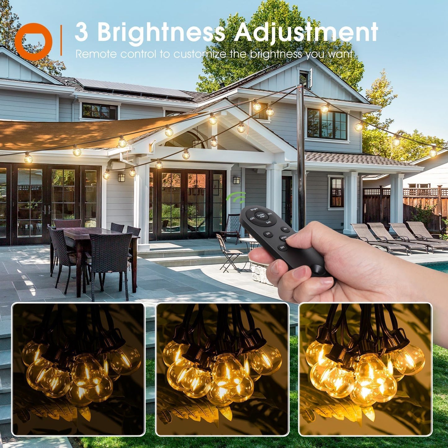 addlon 56FT(50+6) Solar String Lights Outdoor with Remote, 27 Shatterproof G40 Bulbs, Solar Powered & USB Charging Patio Lights, Dimmable Waterproof Solar String Lights for Outside, Camping, Backyard