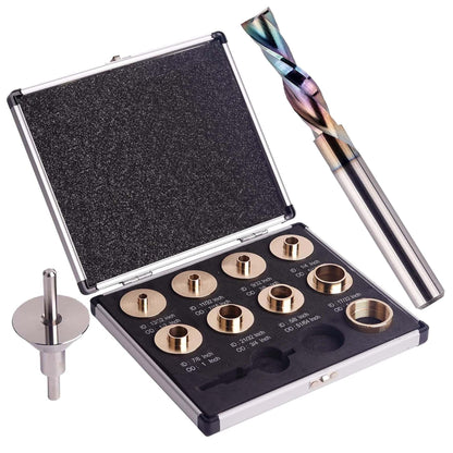 SpeTool 1/4 Inch Shank Downcut Spiral Router Bit 1/4 Inch Cutting Diameter 1 inch Cutting Length with Extra Long Life Coating and SpeTool Brass Router Template Bushing Guide Set