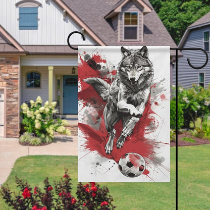 Wolf Playing Soccer Garden Flag Silver and Black Double Sided 12x18 Inches for Holiday Decoration Home Decor