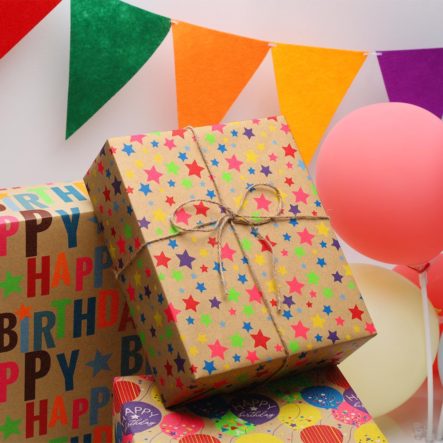 BIOBROWN Kraft Wrapping Paper Roll Colorful Stars Design Perfect for Birthday Holiday Wrap 17 inch X 33 feet
