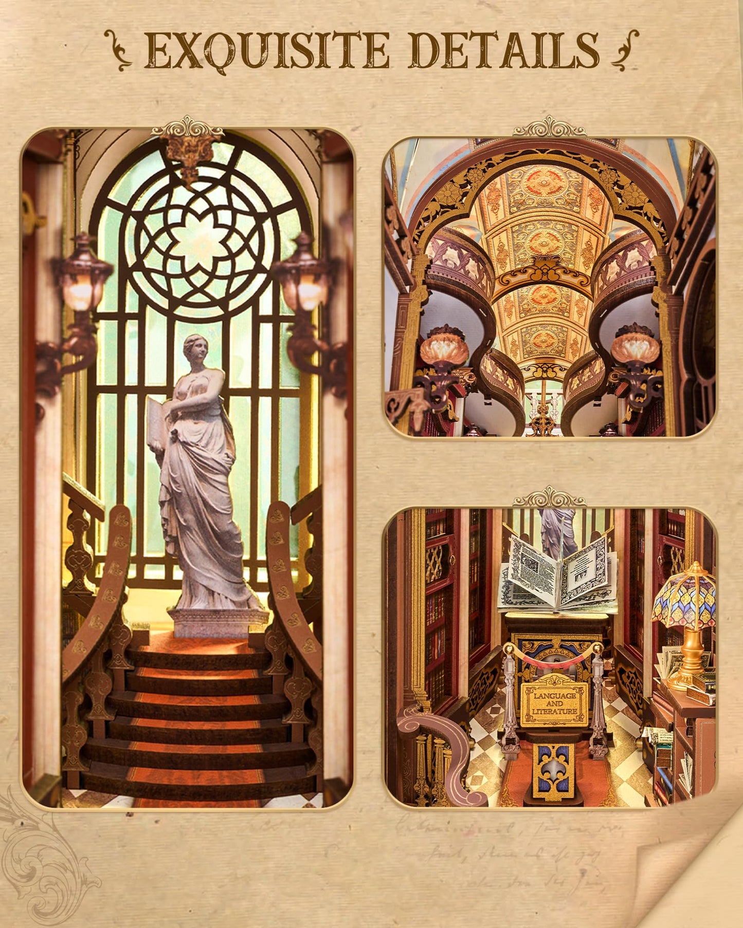 Rolife Book Nook Kits 3D Wooden Puzzle for Adults - Library of Wonders 258-Piece DIY Booknook Building Kit Baroque Architecture Model Bookshelf Decor Craft Gift for Adult Book Lovers