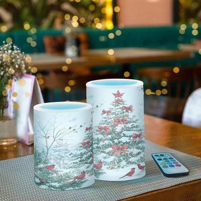 ALAZA Flickering Flameless Candles with Christmas Tree Red Birds Battery Operated with Remote Timer,Tea Light Candles LED Pillar Votive Candles Set of 2 for Outdoor Indoor Decorations