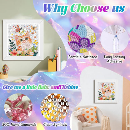 WEMEON Cat Diamond Art Painting Kits for Kids with Frame, Diamond Art for Kids Ages 4-8-12, Package for Gift and Home Wall Decor(7x7inch)
