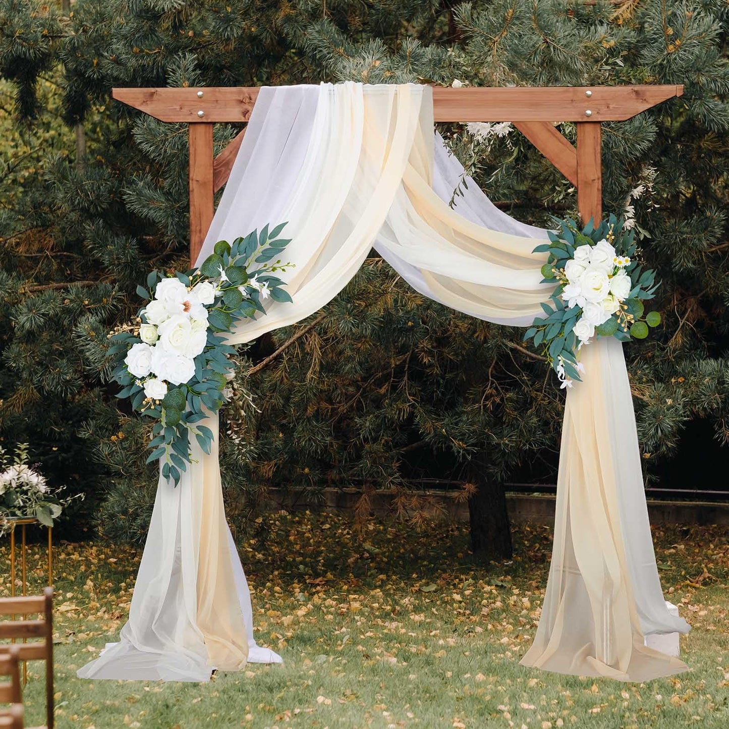 Thiccywoov 4 Pcs Wedding Arch Flowers and Drape Kit Include 2 Artificial Floral Swag and 2 White Chiffon Drapes, Faux Flower Set for DIY Wedding Party Reception Ceremony Backdrop Rose Decoration