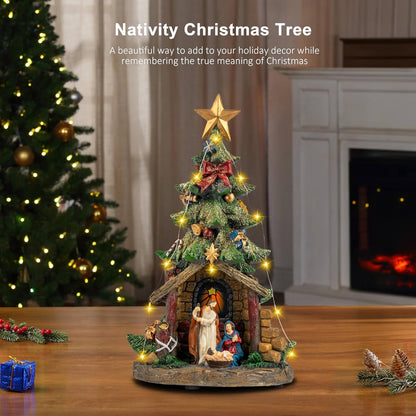 12'' VISFLAIR Christmas Tree Lighted Manger Nativity Scene, Musical Holy Family Collectible Buildings Figurines LED