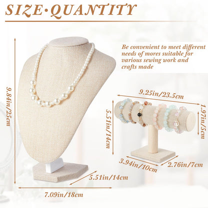 Huquary 6 Pcs Jewelry Display Set Necklace Display Stand T Bar Bracelet Holder Jewelry Bust for Home Store Trade Show(Linen)
