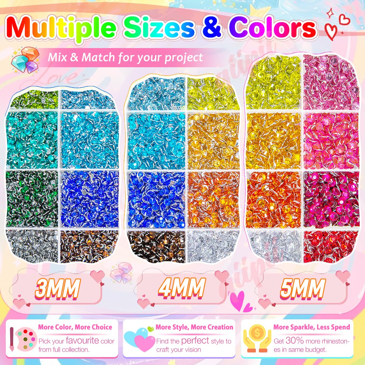 qiipii 3 Boxes 24 Color 3mm 4mm 5mm Crystal Resin Rhinestones for Bedazzling Crafting Flatback Colorful Stones Gems Diamonds Charms for Nails Face Makeup Tumblers Bottles Crafts Clothes Shoes Phones