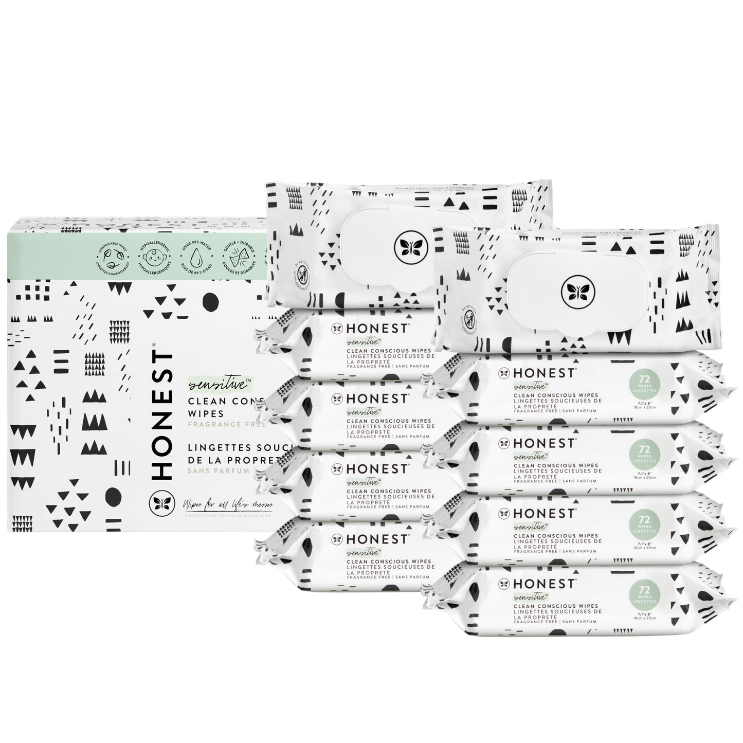 The Honest Company Clean Conscious Multi-Use Wipes | Hypoallergenic + Unscented for Sensitive Skin | Over 99% Water, Compostable, Plant Based, Baby Wipes | Pattern Play, 720 Count