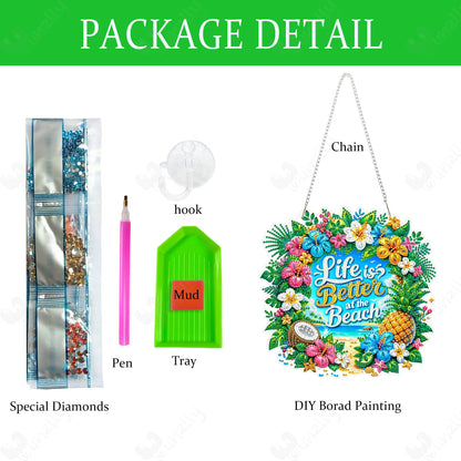 Yunzlly DIY Hanging Diamond Art Pendant Kit Phrase, Special Crystal Diamonds Painting Ornament Kit for Adults, Acrylic Board Gem Painting Kit (Life is Better at the Beach)