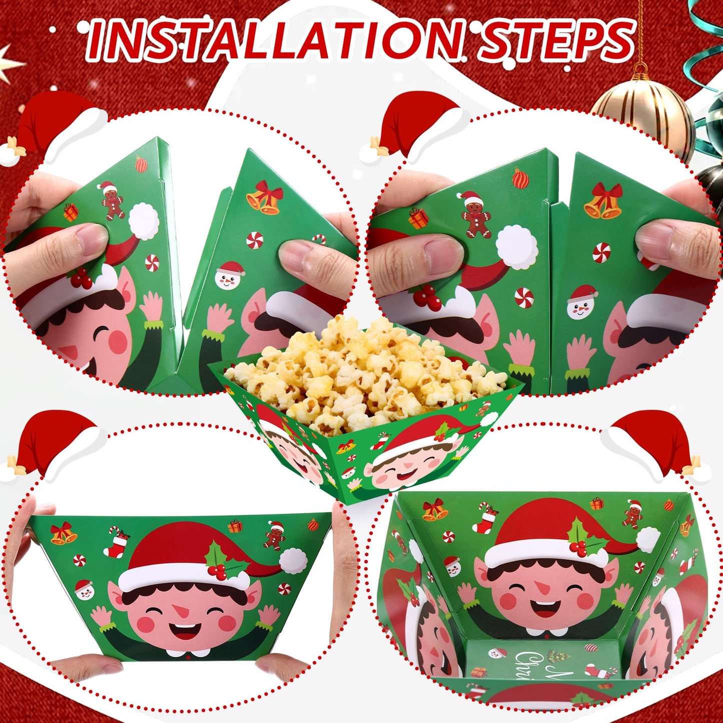Marspark 24 Pcs Christmas Popcorn Bowls Disposable Treat Snack Boxes Popcorn Candy Cookie Tray Containers for Winter Christmas Party Supplies