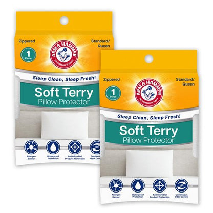 Arm & Hammer Soft Terry Body Pillow Protector, Waterproof, Zipper Closure, White, Standard/Queen, 2-Pack