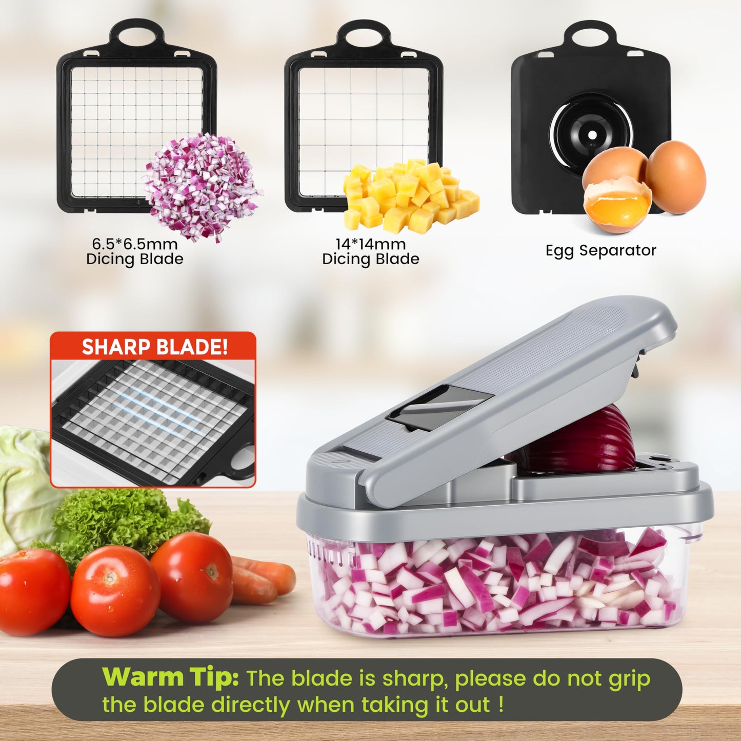 Vegetable Chopper,12-in-1 Multifunctional Food Chopper,Professional Onion Chopper with 7 Blades,Vegetable Cutter with Container for Salad,Potato,Carrot,and Garlic Essential Kitchen Tool (Silver black)