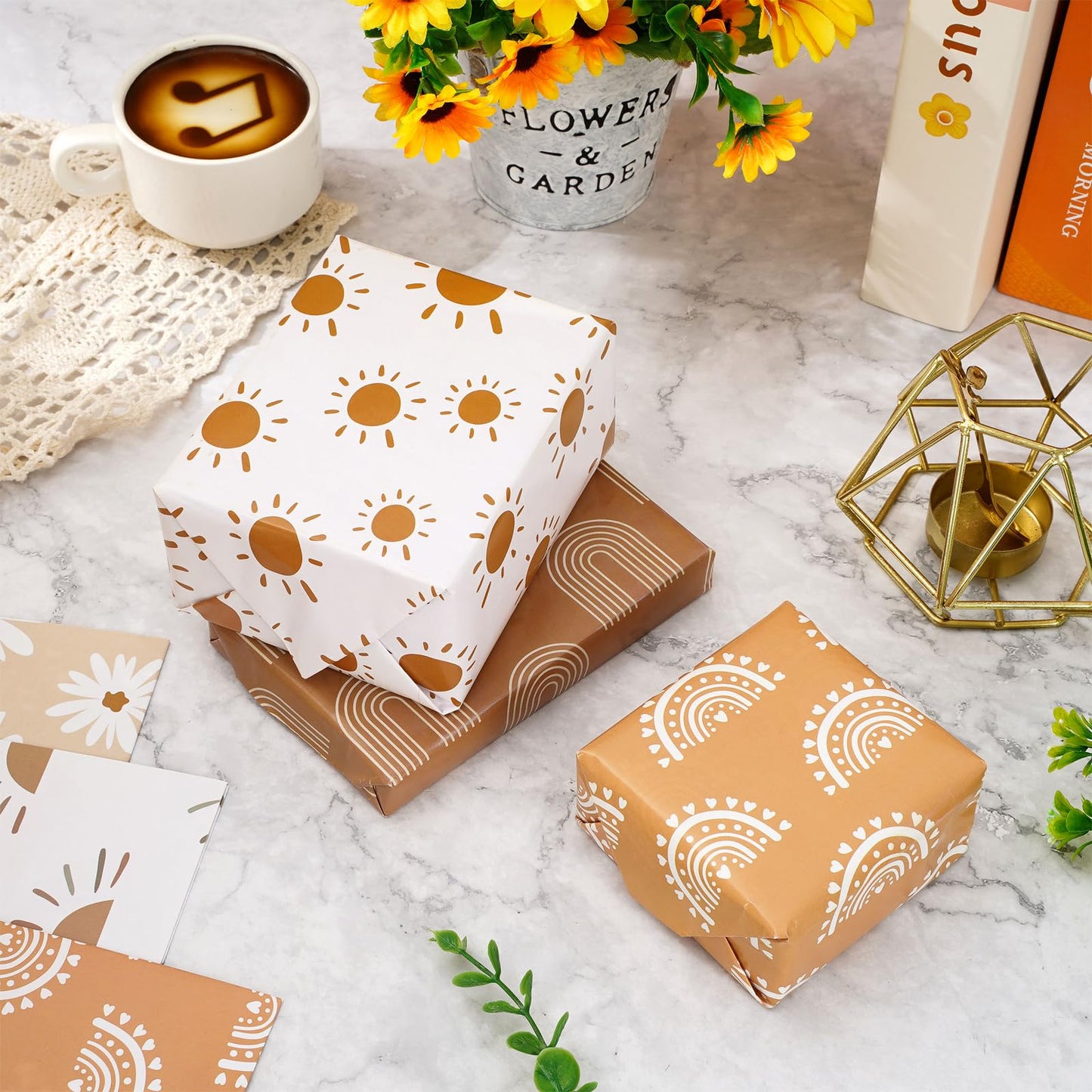 Whaline 12Pcs Modern Boho Wrapping Paper Boho Daisy Flower Rainbow Sun Gift Wrap Bulk Art Paper Folded Flat for Baby Shower Birthday Wedding DIY Crafts Gift Packing, 19.7 x 27.6 Inch