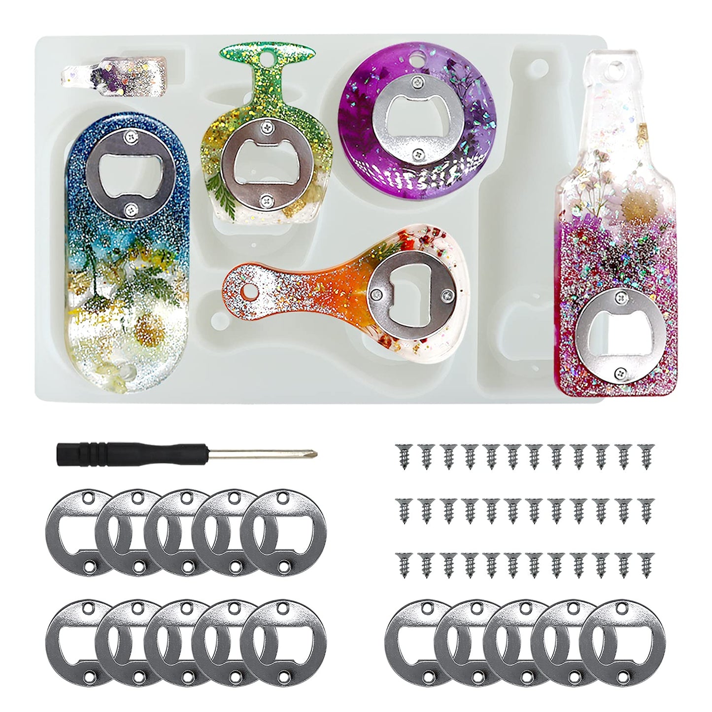Bottle Opener Resin Molds, Lovppy Beer Opener Silicone Molds, Epoxy Resin Casting Molds, Beer Spanner Kit with Screwdriver and Patch, DIY Jewelry Craft Mold for Bottle Opener Keychain Wine Corkscrew