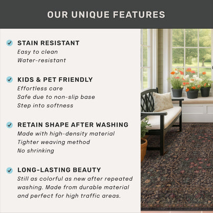 Washable Area Rugs 9x12 Living Room - Dark Brown Large Rug for Dining Room Under Table, Bedroom, Soft Low Pile Non-Slip Stain Resistant Carpet - Vintage Floral Plant Design
