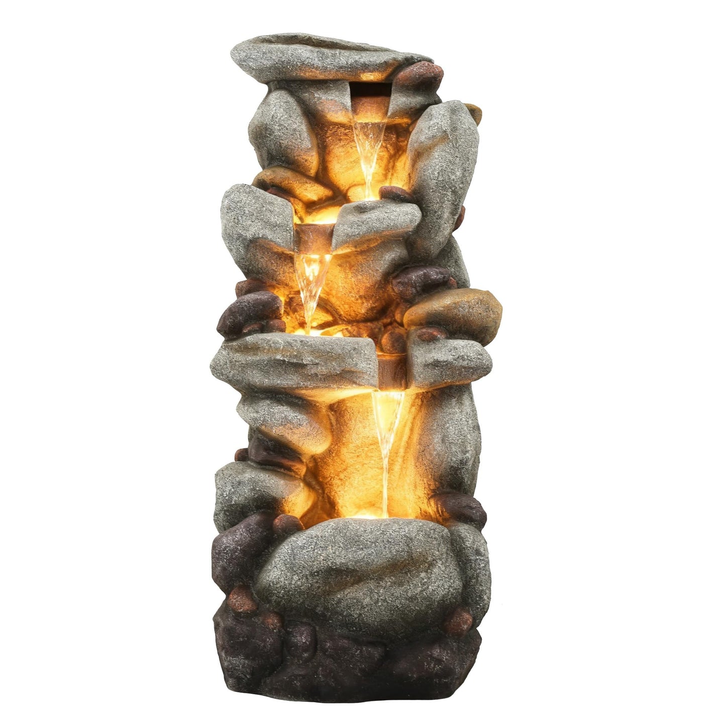 Utym 40" H Oversized Rock Outdoor Fountain with Warm LED Lights, 3-Tier Extra-Large Stacked River Pebbles Waterfall, Weather-Resistant Resin Feature for Garden Patio Yard